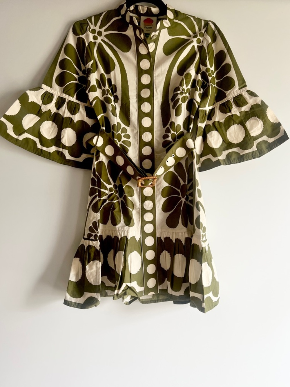 FARM Rio Off-White Green Palermo Belted Organic Cotton Mini Dress Size XXS NWT - Picture 6 of 14